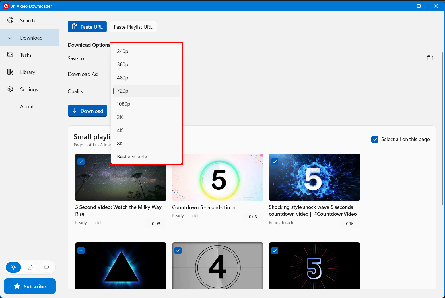 Download format selection in 8K Video Downloader